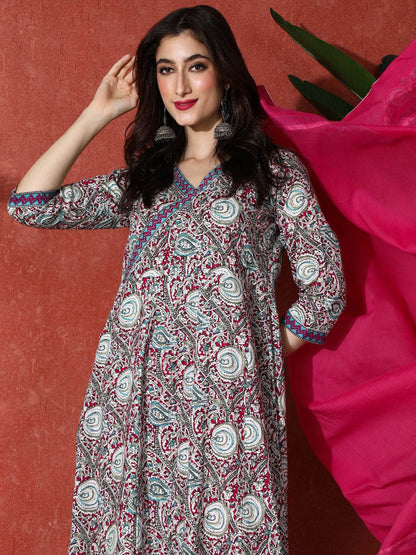 Dhiyona SN Women's Paisley Printed & Embroidered Pure Cotton A-Line Kurta & Trousers With Dupatta