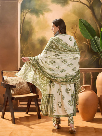 Dhiyona SN Women's Women's Pista Green Block Printed Cotton Anarkali Kurta Pant Dupatta Set