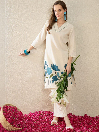 Dhiyona IE Printed V-Neck Three-Quarter Sleeves Pure Cotton Tunic And Trousers