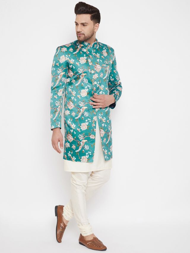 Men's Cream Silk Blend Straight Sherwani Set