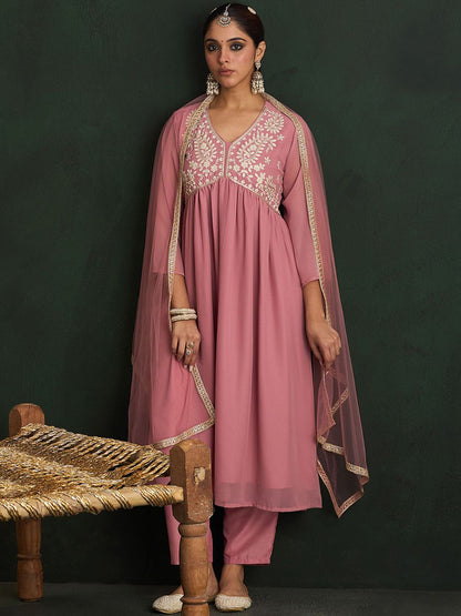 Dhiyona IE Women Paisley Embroidered Regular Thread Work Kurta with Trousers & With Dupatta