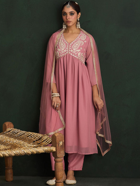 Dhiyona IE Women Paisley Embroidered Regular Thread Work Kurta with Trousers & With Dupatta
