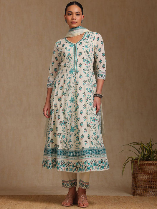 Dhiyona SO Women's Floral Botanical Printed Panelled V-Neck Cotton A-Line Kurta With Trousers & Dupatta