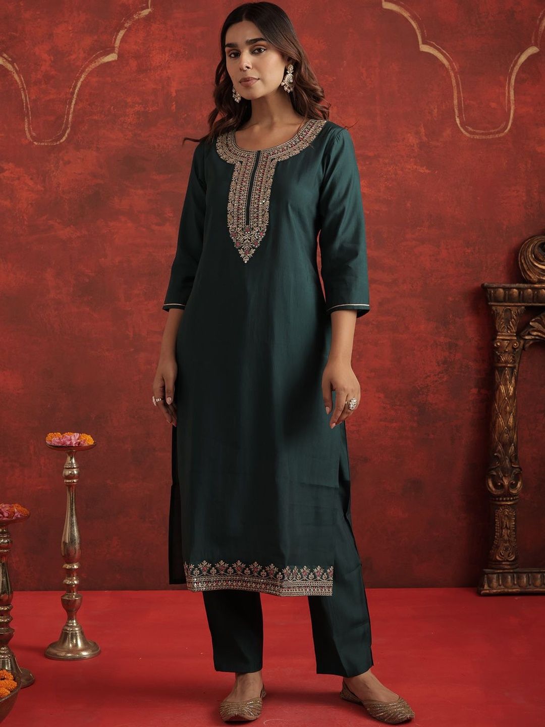 Floral Yoke Design Round Neck Thread Work Kurta With Trousers & Dupatta