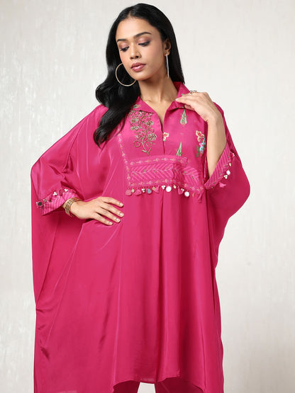 Dhiyona SO Women's Women Floral Printed Regular Beads and Stones Silk Crepe Kurta with Trousers