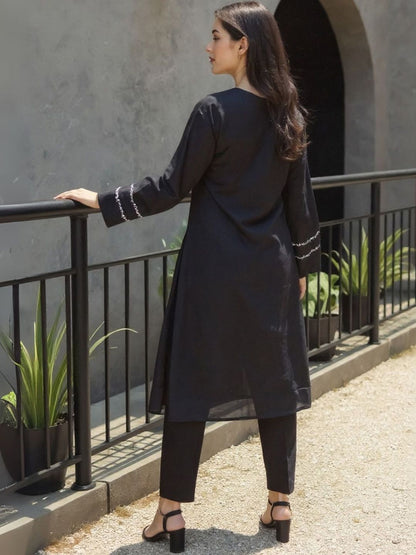 Women Lapel Collar Thread Work A-Line Pure Cotton Kurta With Trousers