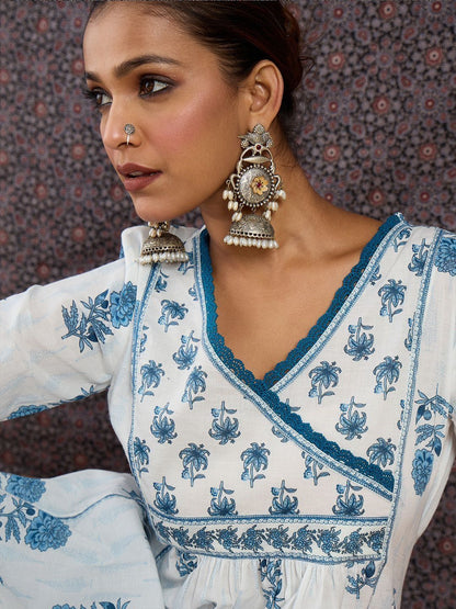 Dhiyona IE Printed V-Neck Three-Quarter Sleeves Pure Cotton Tunic And Trousers