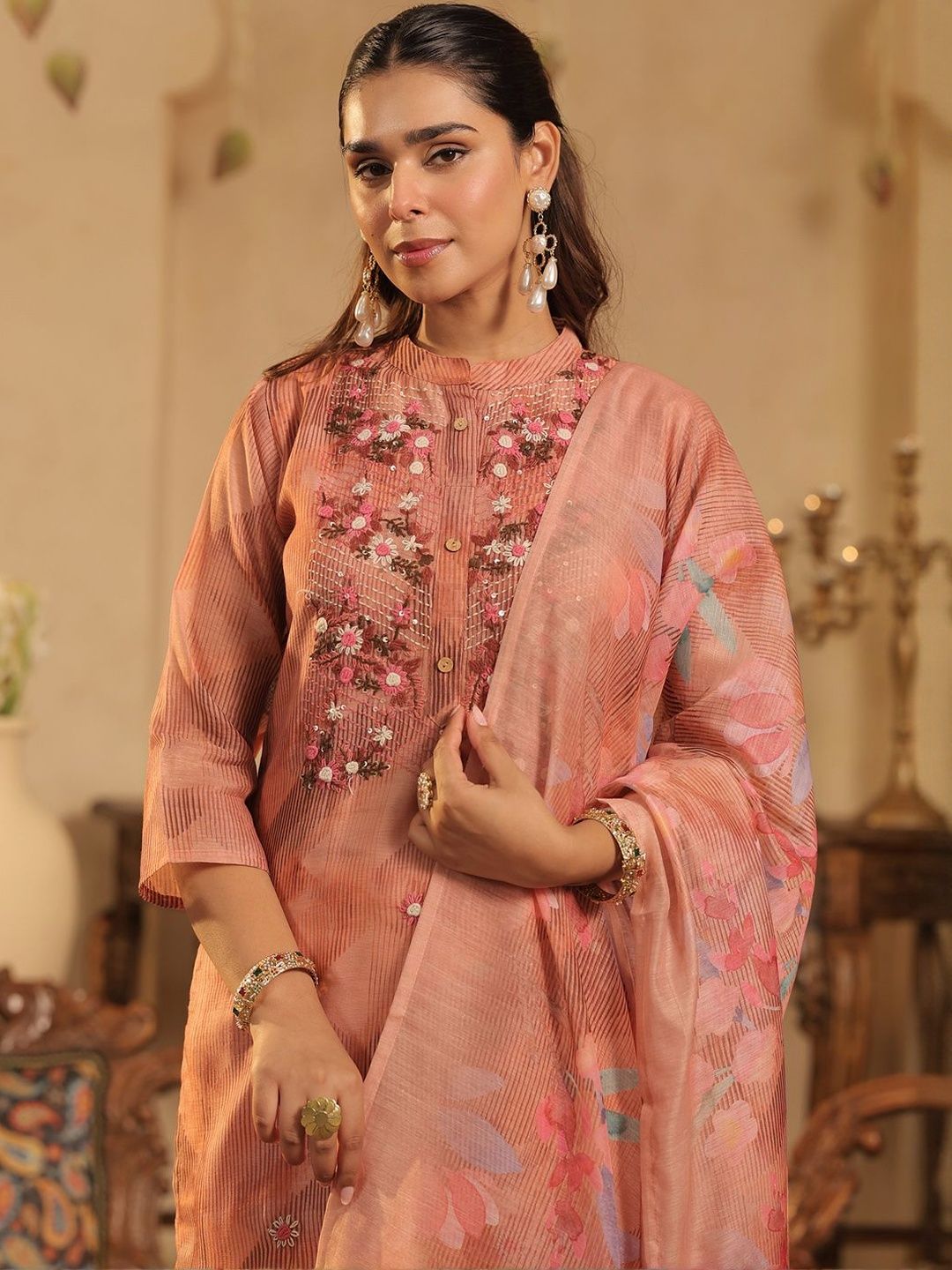 Floral Embroidered Thread Work Kurta with Trouser & With Dupatta