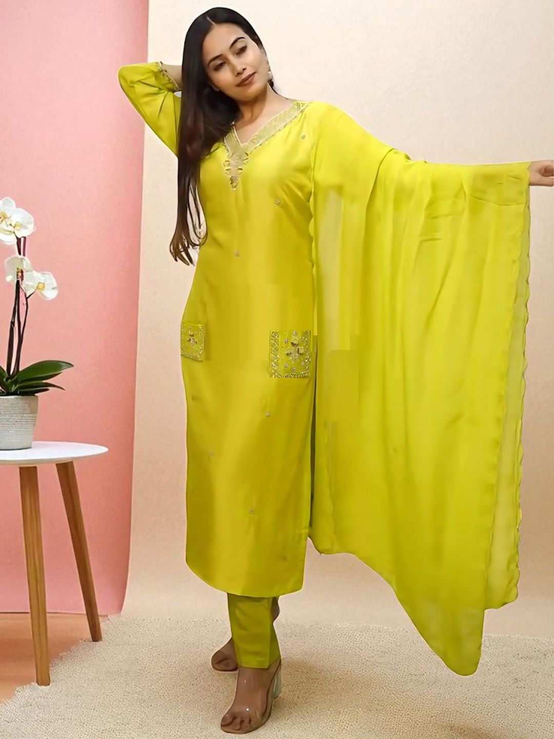 Dhiyona SN Women's Embroidered Straight Pure Cotton Kurta & Pyjamas With Dupatta