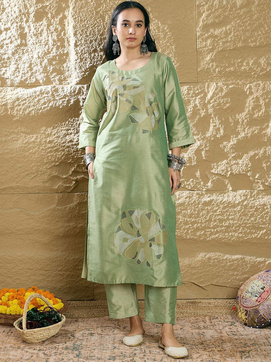 Dhiyona IE Women Floral Embroidered Regular Thread Work Kurta with Trousers