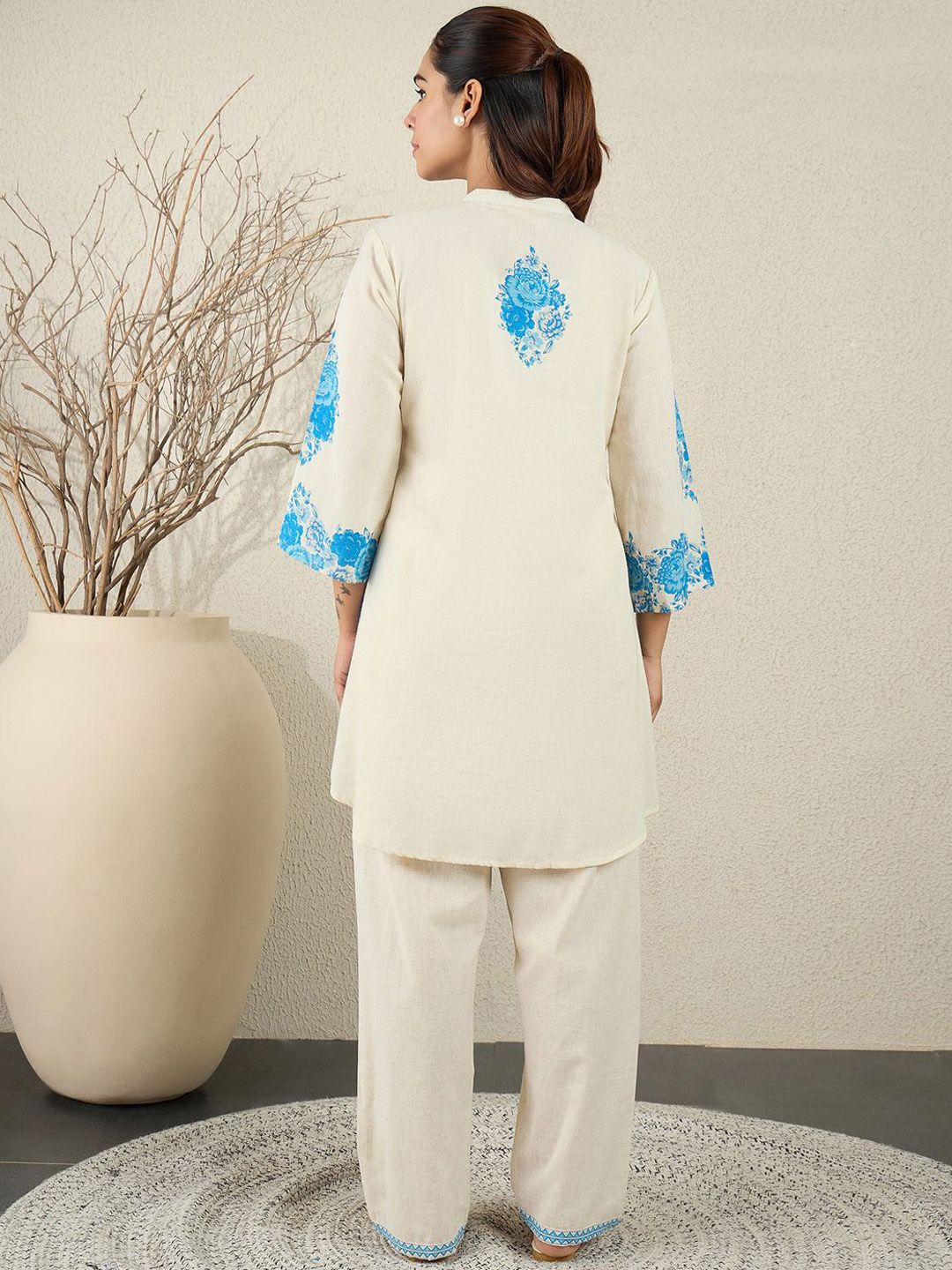 Dhiyona IE Printed Pure Cotton Mandarin Collar Neck Top With Palazzos Co-Ords