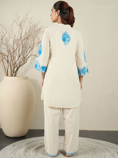 Dhiyona IE Printed Pure Cotton Mandarin Collar Neck Top With Palazzos Co-Ords