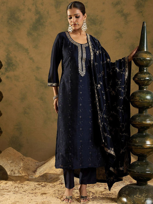Dhiyona IE Floral Embroidered Straightf Kurta with Trousers & Dupatta