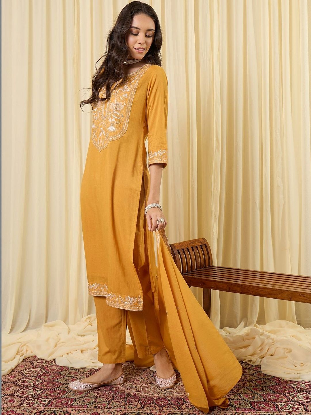 Women Ethnic Motifs Embroidered Regular Thread Work Pure Cotton Kurta with Trousers & With Dupatta