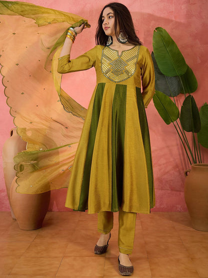Dhiyona SN Women's Vichitra Thread Mirror Work Embroidery A Line Kurta With Trousers & Dupatta