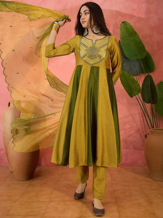 Dhiyona SN Women's Vichitra Thread Mirror Work Embroidery A Line Kurta With Trousers & Dupatta