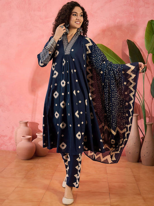 Dhiyona SN Women's Geometric Printed V-Neck Pleated Pure Cotton A-Line Kurta With Trouser And Dupatta
