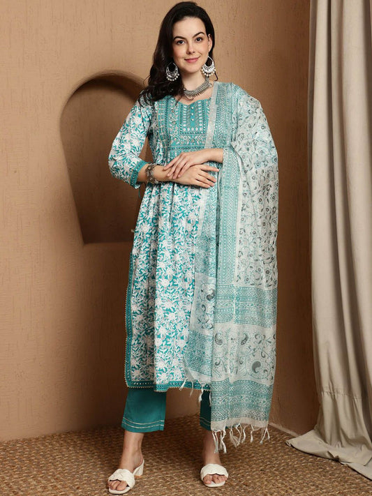 Dhiyona SN Women's Floral Printed Pure Cotton Anarkali Kurta & Trousers With Dupatta