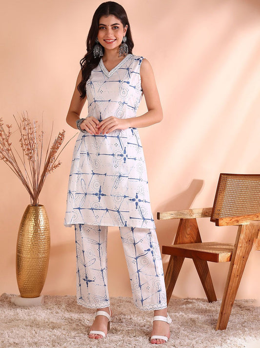 Dhiyona OD  Geometric Printed V-Neck Pure Cotton Straight Kurta With Trouser