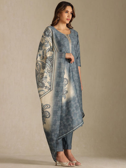 Dhiyona SO Women's Floral Printed Notch Neck Zardozi Straight Kurta With Trousers & Dupatta