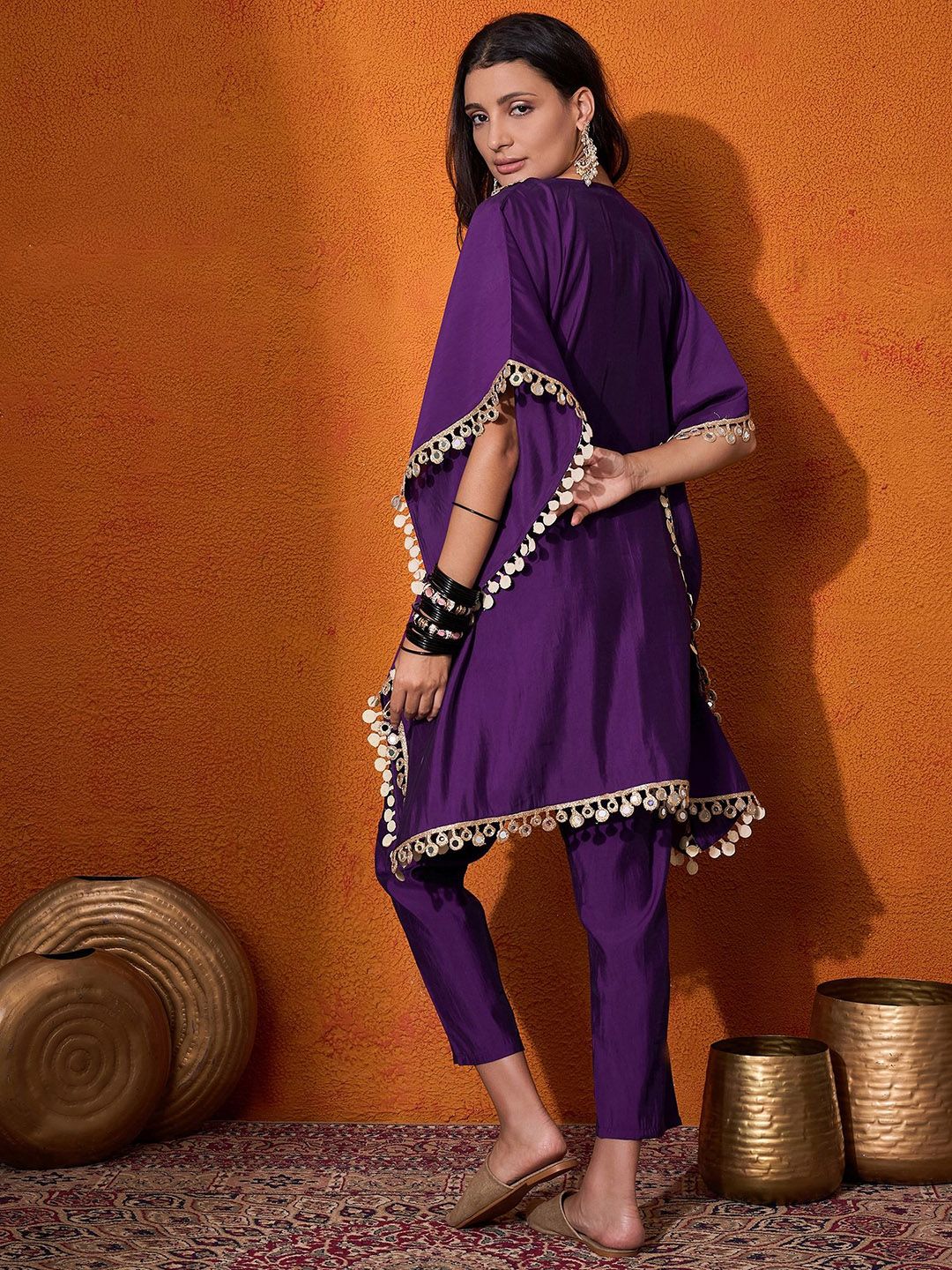 Dhiyona SN Women's Ethnic Motifs Yoke Design Embroidered Kaftan Kurta & Trousers