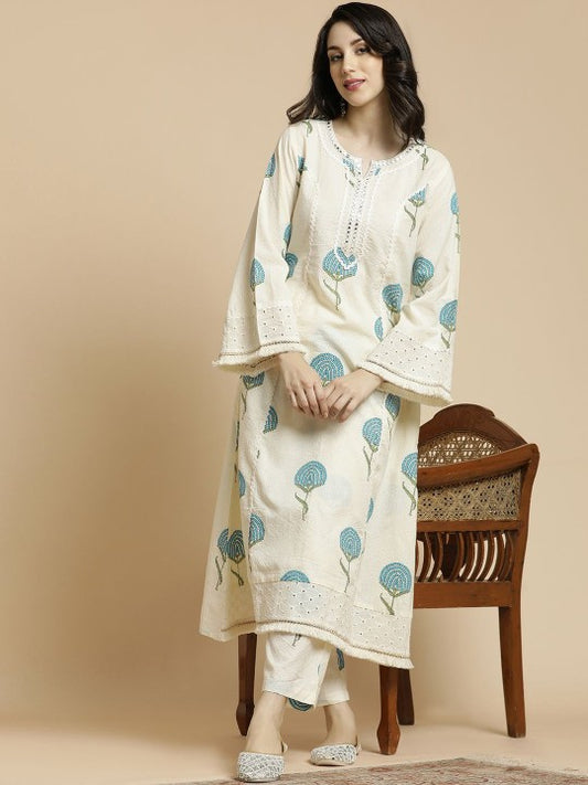 Women's White & Blue Floral Printed Notch Neck Thread Work Cotton A-Line Kurta & Trouser