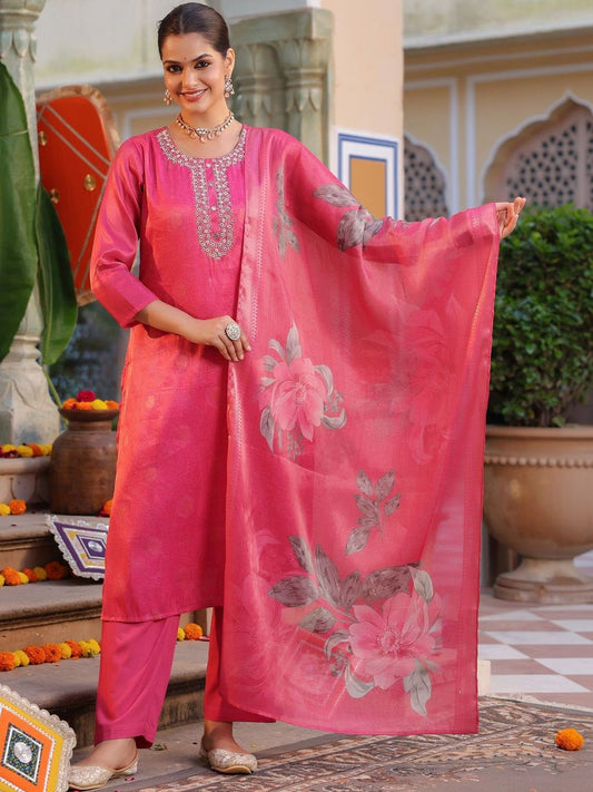 Dhiyona RR Women's Floral Printed Regular Thread Work Pure Cotton Kurta with Trousers & With Dupatta