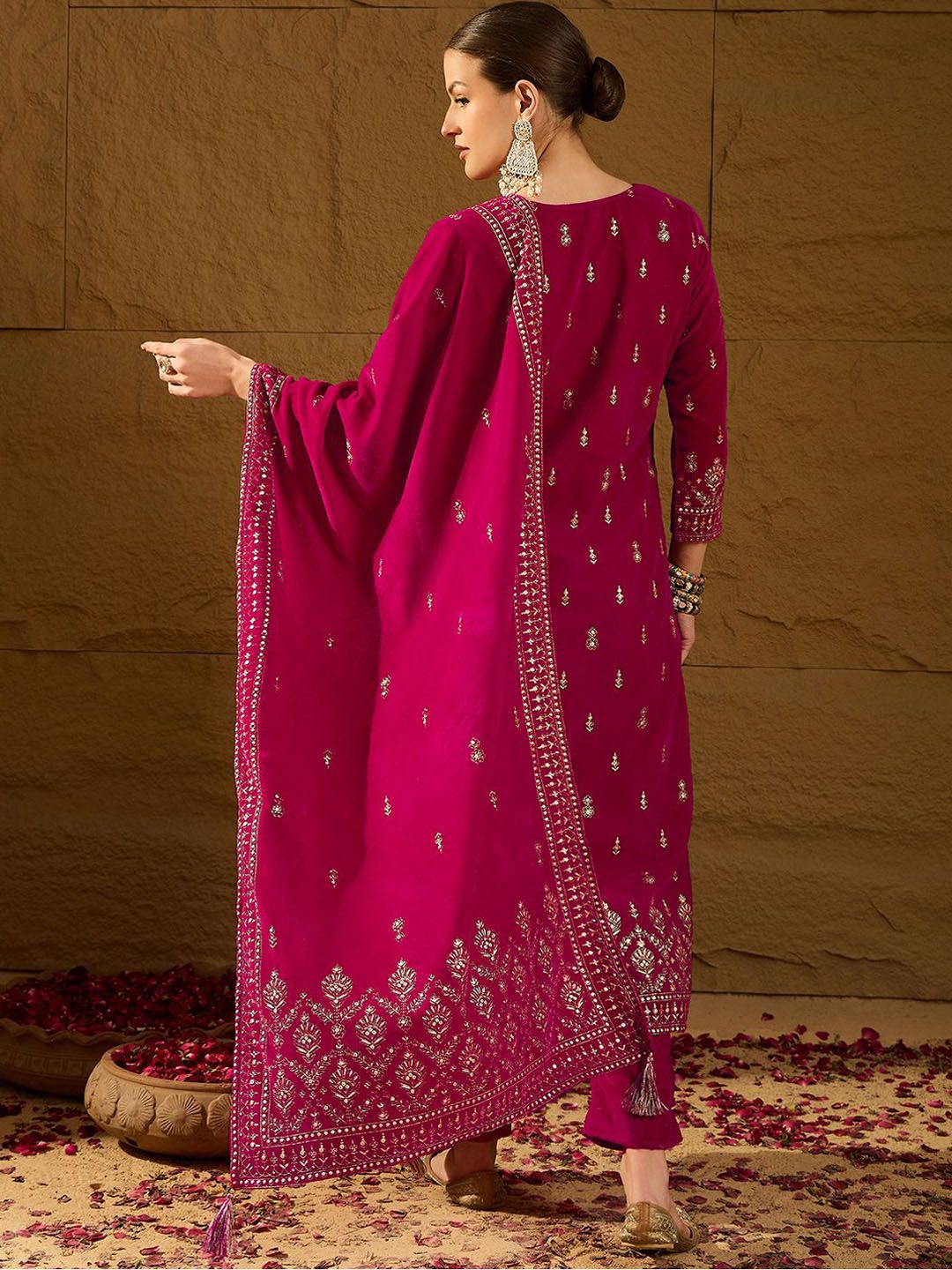Dhiyona PD Women Embroidered Velvet Straight Kurta With Trousers And Dupatta