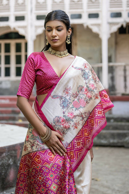 Women Yogita Patola Rani Saree With Unstiched Blouse