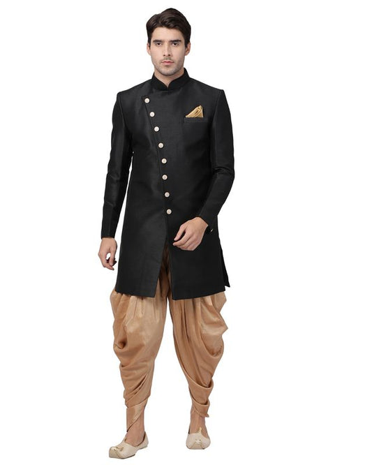 Men's Black Silk Blend Straight Sherwani Set