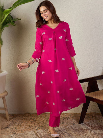Women Ethnic Motifs Embroidered V-Neck Thread Work A-Line Kurta with Trousers
