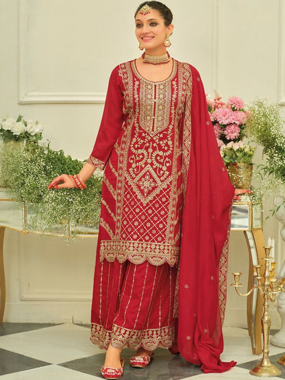 Dhiyona IE Ethnic Motifs Embroidered Straight Kurta With Sharara & Dupatta