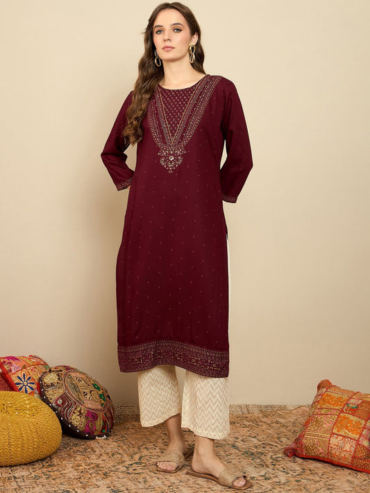 Dhiyona IE Floral Printed Round Neck Sequinned Straight Kurta