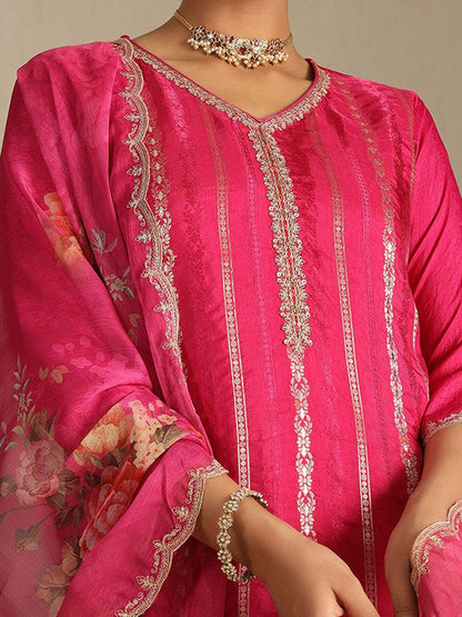 Dhiyona SO Women's Floral Woven Design V-Neck Sequinned Straight Kurta With Trousers And Dupatta