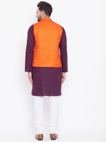 Men's Purple Cotton Blend Straight Jacket  Kurta and Pyjama Set