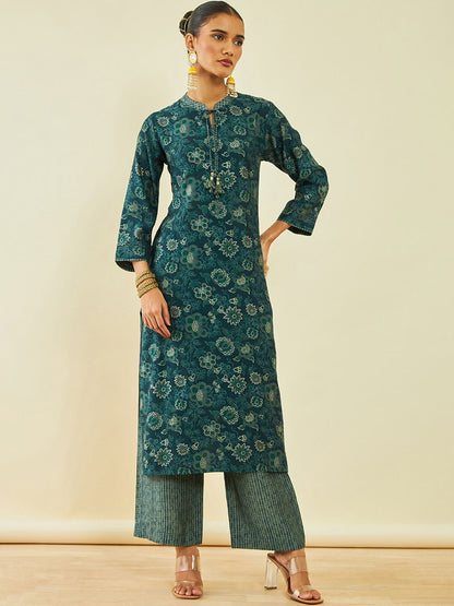 Dhiyona SO Women's Floral Printed Tie Up Neck Regular Kurta With Trousers