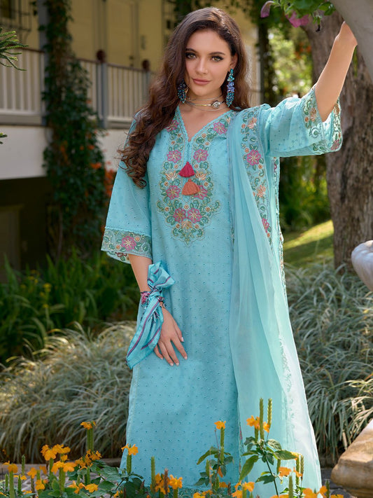 Floral Embroidered V Neck Pure Cotton Kurta With Trousers & Dupatta