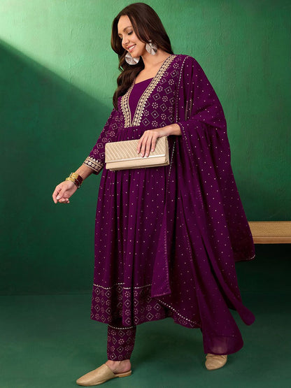 Dhiyona SN Women's Bandahni Printed Embroidered Anarkali Kurta & Trousers With Dupatta