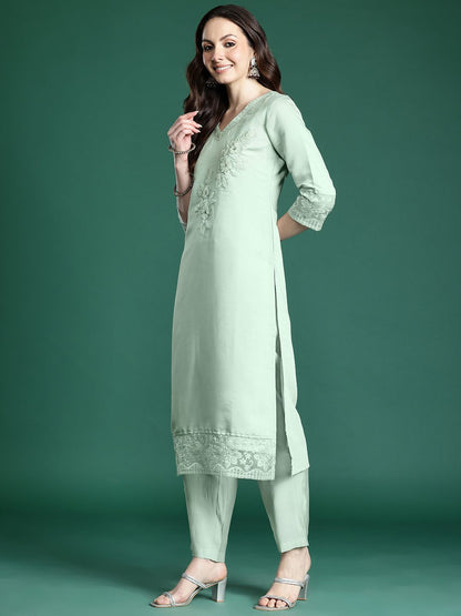 Floral Embroidered Kurta with Trousers & Dupatta