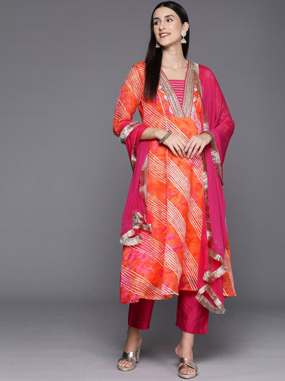 Dhiyona VA Women'sLeheriya Printed Straight Kurta with Trousers & With Dupatta