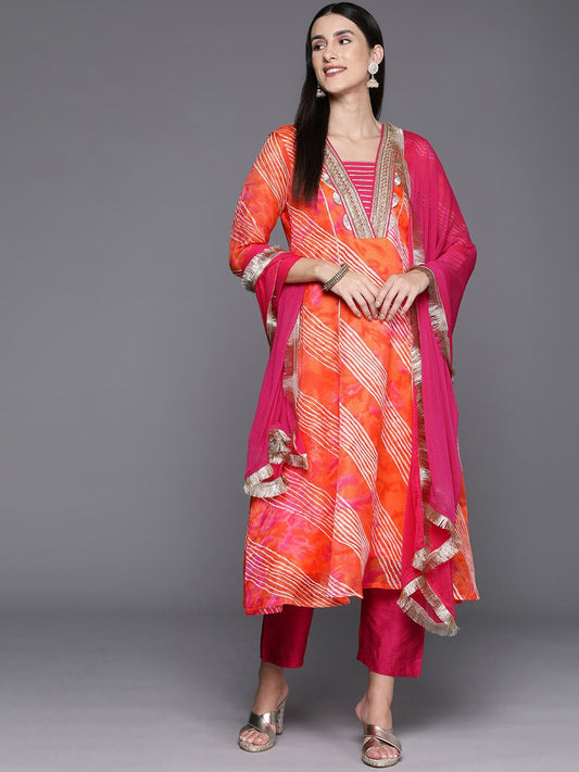 Dhiyona VA Women'sLeheriya Printed Straight Kurta with Trousers & With Dupatta