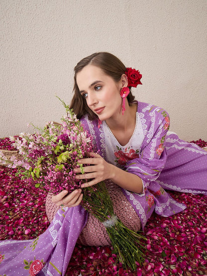 Floral Printed Sequinned Pure Cotton Straight Kurta With Trouser And Dupatta