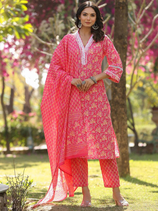Dhiyona VA Women'sFloral Printed Regular Straight Kurta with trousers & with Dupatta