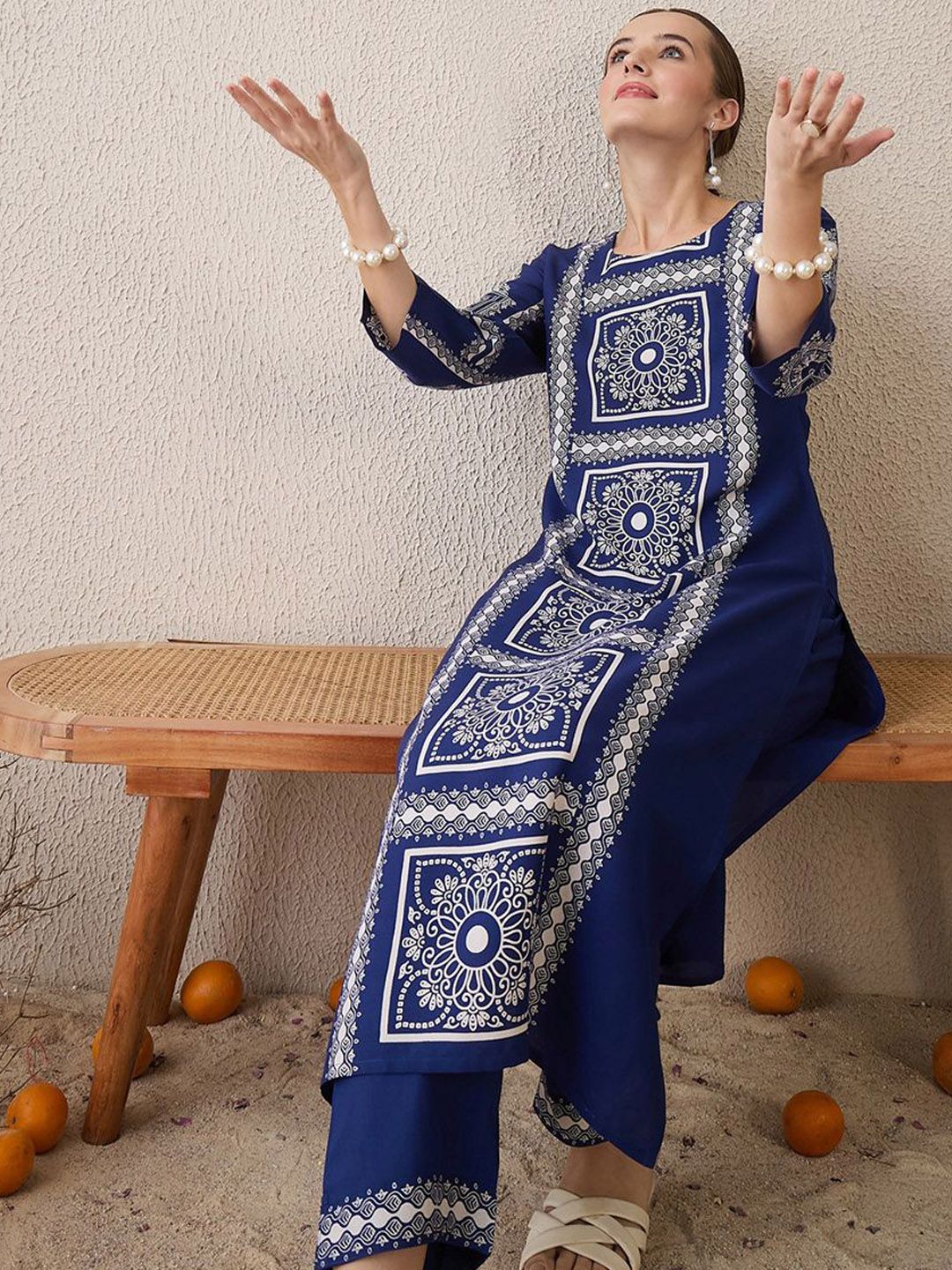 Dhiyona IE Floral Printed Round Neck Straight Kurta With Trouser