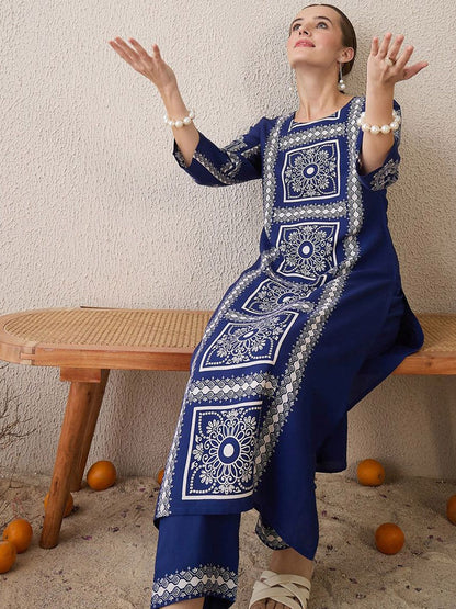 Dhiyona IE Floral Printed Round Neck Straight Kurta With Trouser