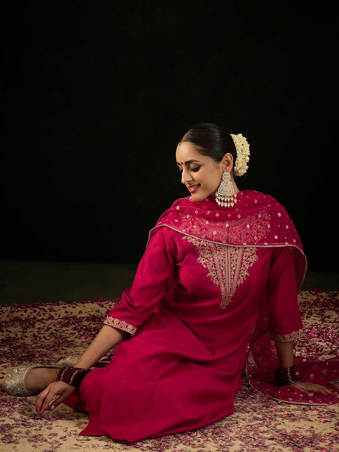 Dhiyona IE Notched Neck Ethnic Motifs Embroidered Liva Kurta with Trouser & Dupatta