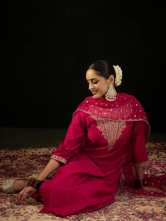 Dhiyona IE Notched Neck Ethnic Motifs Embroidered Liva Kurta with Trouser & Dupatta