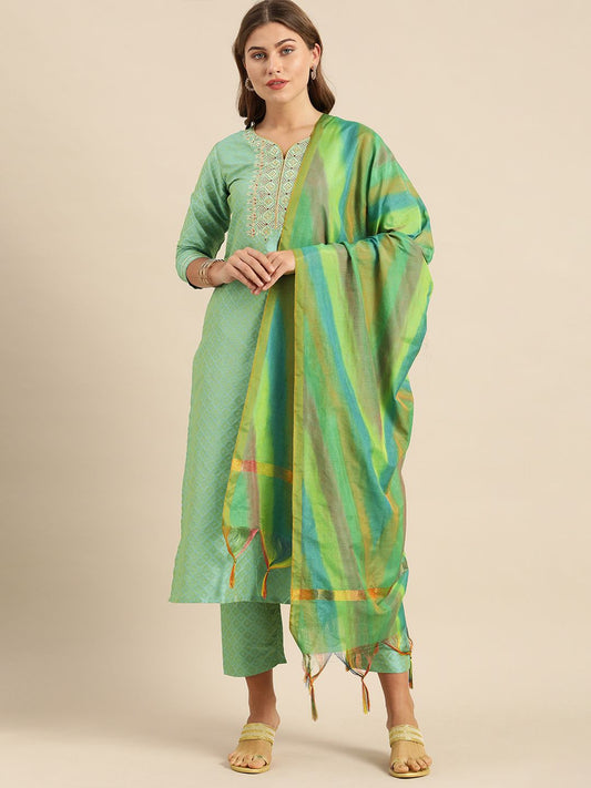 Dhiyona VA Women's Sea Green & Gold-Toned Embroidered Kurta with Trousers & Dupatta