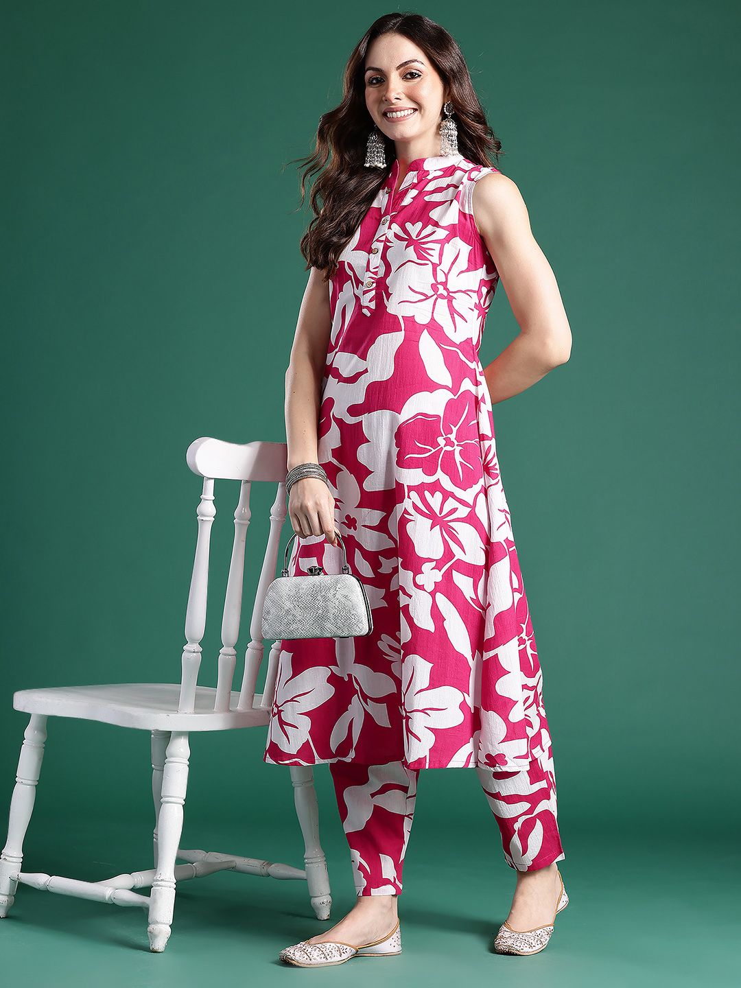 Dhiyona IE Floral Printed Pleated Pure Cotton Kurta with Trousers