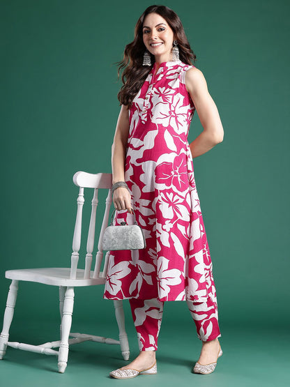 Floral Printed Pleated Pure Cotton Kurta with Trousers